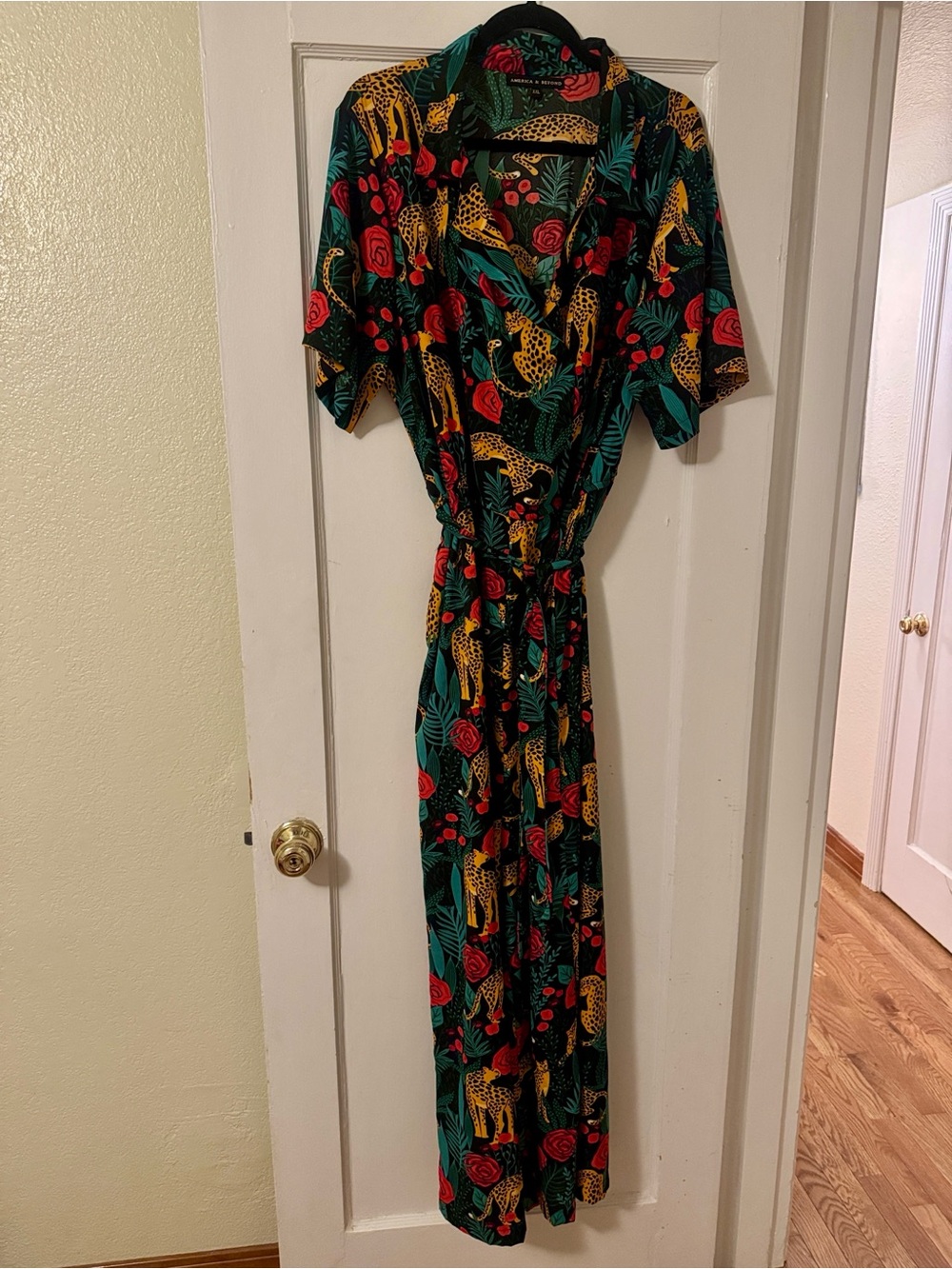 Black Maxi Jumpsuit with Red Floral & Yellow Leopard Print